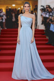 Elegante Sky Blue Chiffon A Line One Spalla Gala Dress
