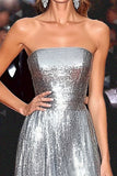 Sparkly argento metallizzato senza spalline A Line Gala Dress