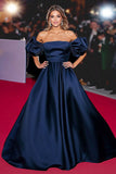 Navy A Line Off The Shoulder Abito di Gala con maniche a sbuffo