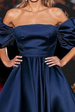 Navy A Line Off The Shoulder Abito di Gala con maniche a sbuffo