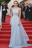 Elegante Sky Blue One Spalla A Line Gala Dress con perline