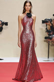 Scintillante rosso Halter Mermaid Gala Dress con fiori 3D