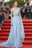 Elegante A Line Sky Blue Chiffon One Shoulder Gala Dress