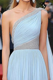 Elegante A Line Sky Blue Chiffon One Shoulder Gala Dress