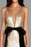 Oro sirena profondo scollo a V paillettes abito lungo di gala con fiocco nero