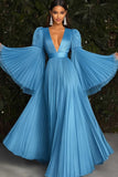 Abito da gala con scollo a V Deeep plissettato blu e maniche lunghe