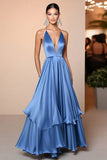 Blu Raso A Linea Spaghetti Straps Increspature Abito Lungo Gala Ball Dress