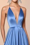 Blu Raso A Linea Spaghetti Straps Increspature Abito Lungo Gala Ball Dress