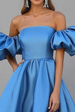 Chic raso blu una linea off la spalla abito di gala