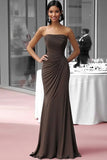 Coffee Jersey Guaina Senza Spalline Increspato Abito di Gala