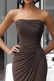Coffee Jersey Guaina Senza Spalline Increspato Abito di Gala