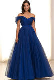 Scintillante Royal Blue Tulle A Line Increspato Abito Di Gala