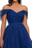 Scintillante Royal Blue Tulle A Line Increspato Abito Di Gala
