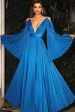 Abito da gala con spalline sottili in chiffon blu a pieghe A Line Deep V con scollo a V