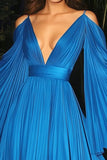 Abito da gala con spalline sottili in chiffon blu a pieghe A Line Deep V con scollo a V