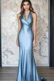 Grigio Blu Raso Senza Schienale Halter Guaina Abito Gala