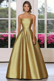 Chic Metallic Gold Satin A Line senza spalline Abito di Gala