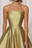 Chic Metallic Gold Satin A Line senza spalline Abito di Gala