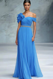 Blu A Line Off The Spalla Increspato Abito Lungo Gala Ball