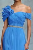 Blu A Line Off The Spalla Increspato Abito Lungo Gala Ball