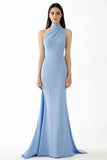 Tubino Abito Lungo Gala Ball Crepe Azzurro Halter