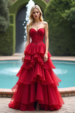 Increspato rosso Sweetheart arricciato una linea lungo Abito da Cerimonia