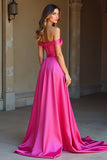 Raso Off La Spalla Una Linea Semplice Fucsia Abito da Cerimonia