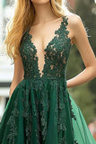 Abito da ballo lungo in tulle con scollo a V verde scuro e spacco