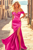 Fucsia sirena Off The Spalla Abito da ballo in raso