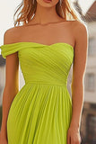 Limone Verde Freddo Spalla Increspato Chiffon Abito da Cerimonia