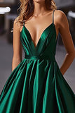 Elegante raso verde scuro una linea di spaghetti spalline lungo abito da ballo