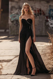 Semplice chiffon lungo Sweetheart nero Abito da Cerimonia con fessura