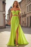 Verde limone 2 pezzi Off The Shoulder Cut Out Abito da Cerimonia con fessura