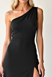 Elegante abito da ballo monospalla nero in chiffon con fessura