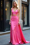 Fucsia A Line Satin Scollo a V Cut Out Abito da Cerimonia
