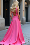 Fucsia A Line Satin Scollo a V Cut Out Abito da Cerimonia