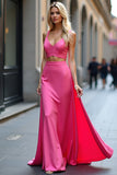 Fucsia A Line Satin Scollo a V Cut Out Abito da Cerimonia