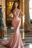 Elegante sirena rosa increspato raso Abito da Cerimonia