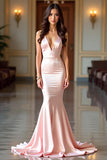 Champagne Mermaid Spaghetti Straps Backless Satin Abito lungo da ballo