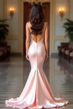 Champagne Mermaid Spaghetti Straps Backless Satin Abito lungo da ballo
