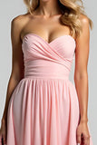 Chiffon Pink Sweetheart A Line Increspato Abito da damigella d'onore