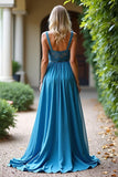 Grigio Blu Pizzo Scollo A V Chiffon A Line Abito da damigella d'onore con fessura