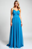 Blu A-Line Spaghetti Straps Increspato Chiffon Abito da damigella d'onore lungo