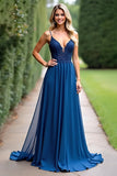 Blu scuro A-Line Chiffon Spaghetti Straps Abito da damigella d'onore lungo