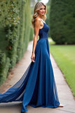Blu scuro A-Line Chiffon Spaghetti Straps Abito da damigella d'onore lungo