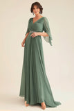 Elegante Eucalipto A-Line con scollo a V increspato lungo chiffon Madre Dell'abito da sposa con mezze maniche