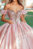 Blush Off the Shoulder Princess Satin Quinceanera Dress con applicazioni