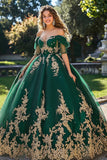 Abito Quinceanera Tulle Principessa Verde Scuro con Spalla Bianca con Appliques