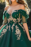 Abito Quinceanera Tulle Principessa Verde Scuro con Spalla Bianca con Appliques