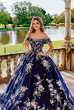 Blu navy Off the Shoulder Ball Gown Tulle Quinceanera Dress con applicazioni floreali